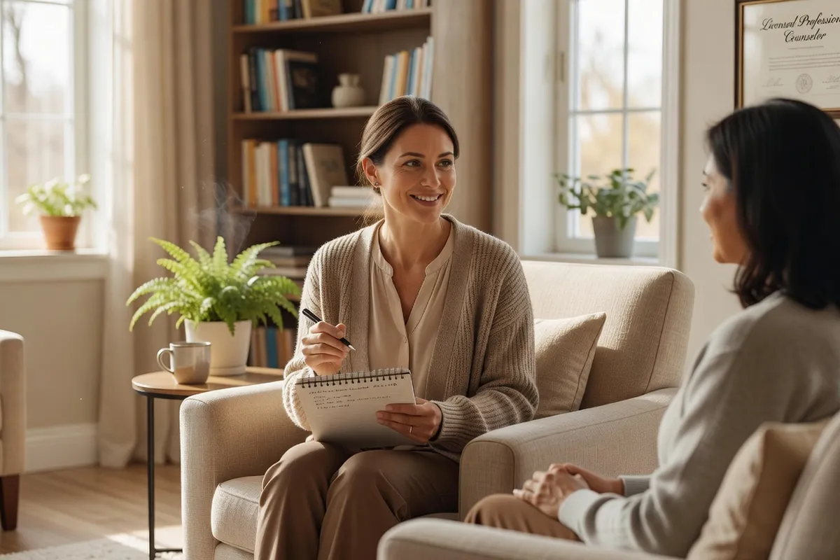 Femme en séance de coaching psychologique pour mieux vivre la rencontre en ligne