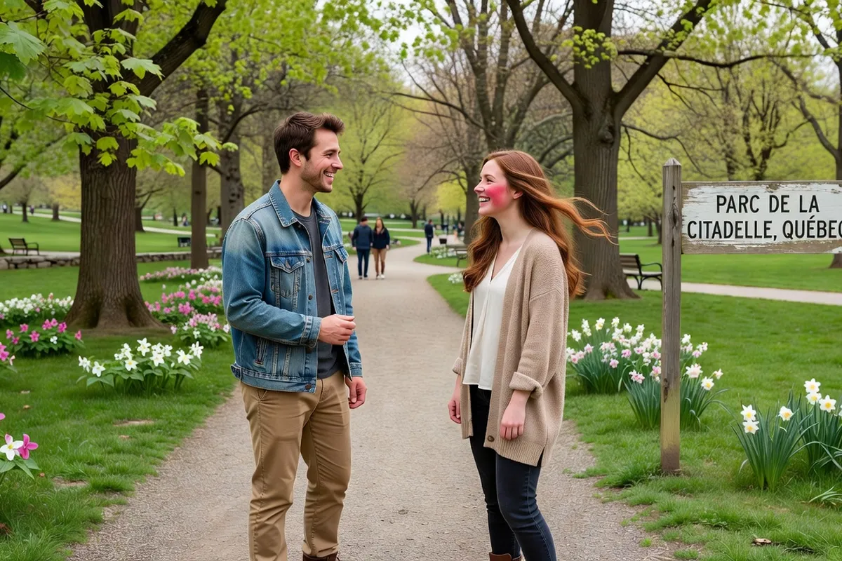 Couple se rencontrant dans un parc québécois après un match Bumble