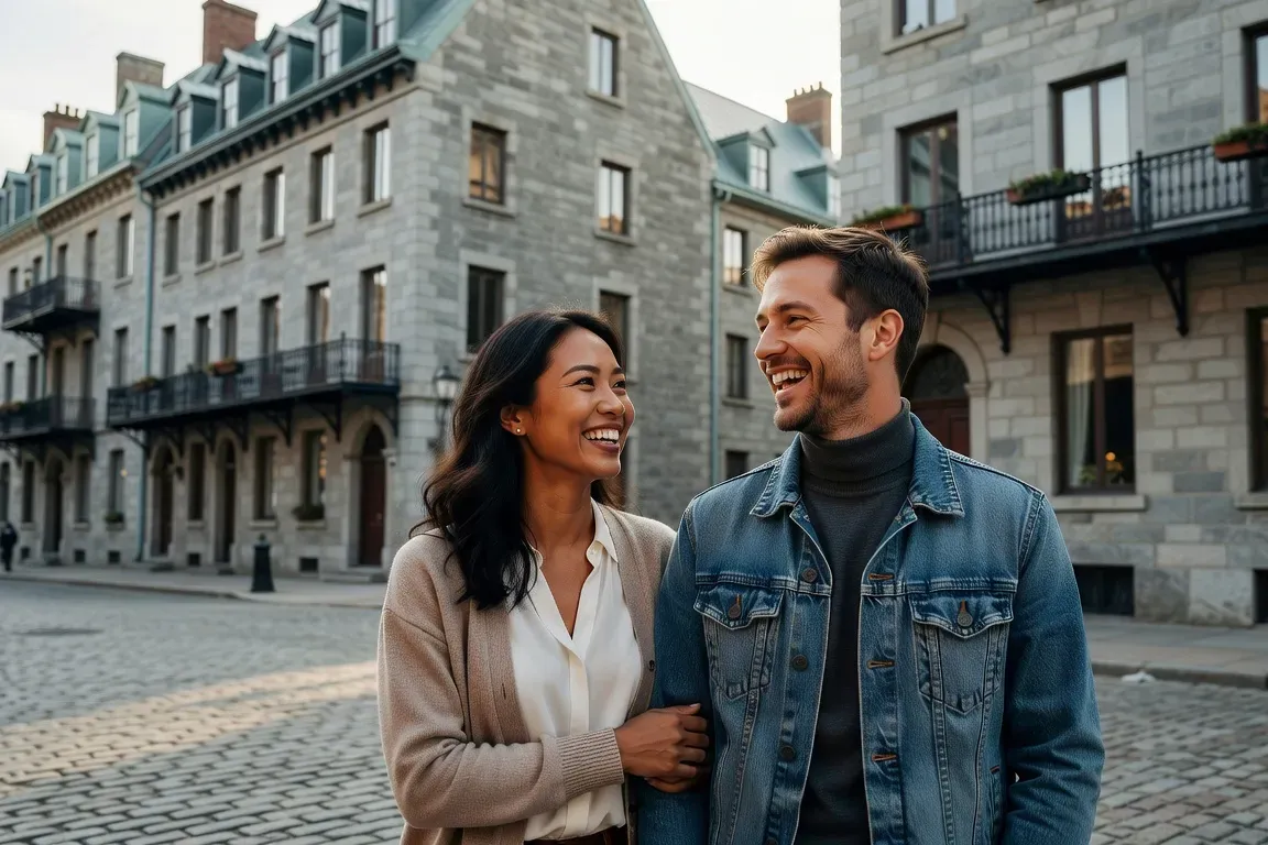 Femme d'origine asiatique et homme qu&eacute;b&eacute;cois couple heureux Vieux-Montr&eacute;al