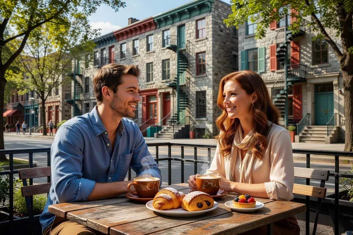 Couple en premier rendez-vous terrasse caf&eacute; Plateau Montr&eacute;al souriant