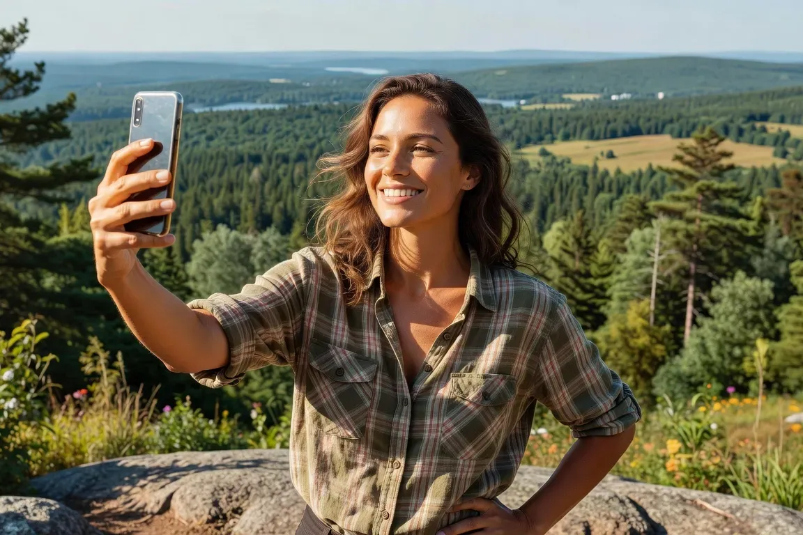 Femme qu&eacute;b&eacute;coise souriante prenant selfie ext&eacute;rieur &eacute;t&eacute; paysage