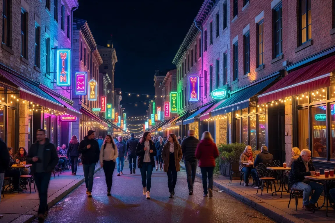 Quartier Saint-Roch Qu&eacute;bec ville soir&eacute;e n&eacute;on caf&eacute;s et c&eacute;libataires