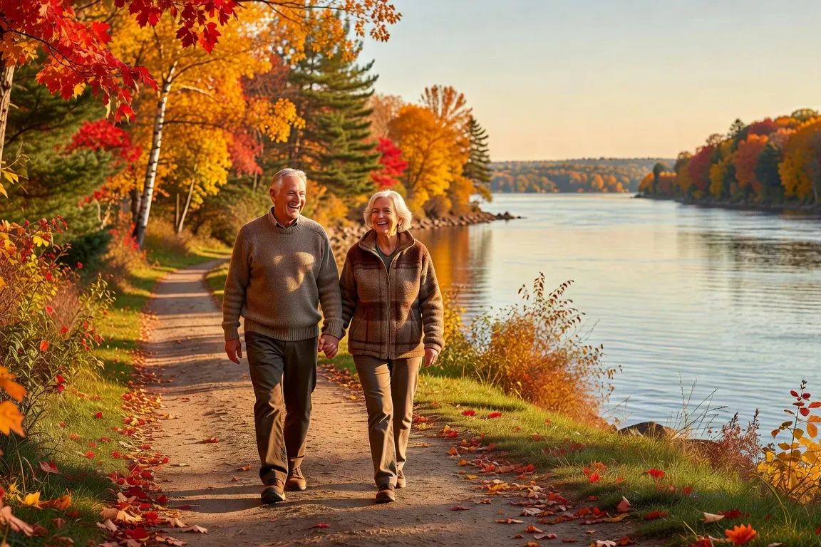 Couple senior 65 ans promenade bord Saint-Laurent Qu&eacute;bec automne souriant