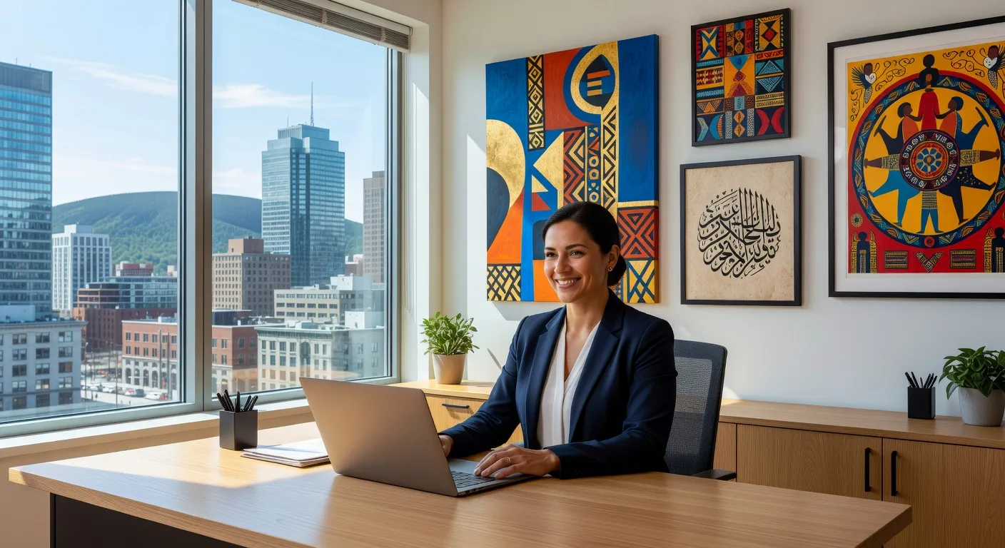 Conseill&egrave;re int&eacute;gration bureau moderne Montr&eacute;al souriant &eacute;cran