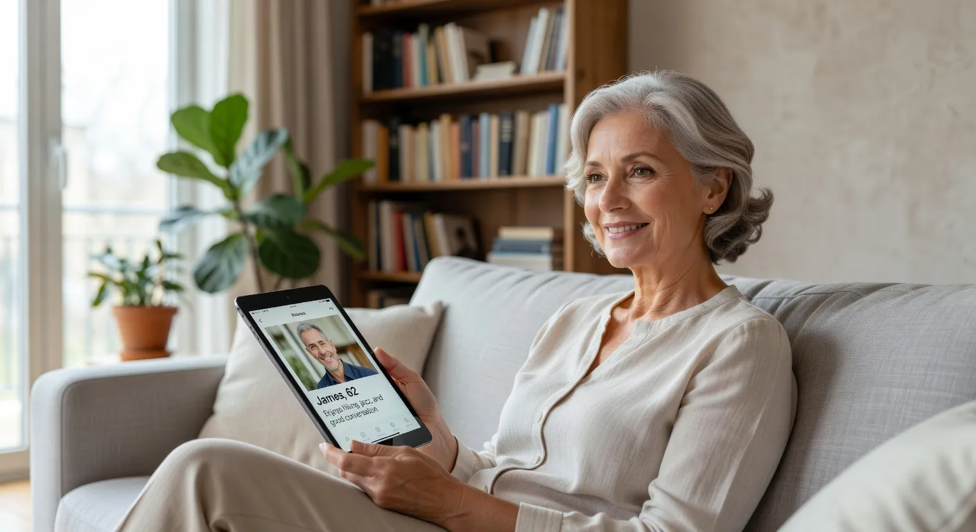 Femme senior 60 ans tablette profil application rencontre salon lumineux