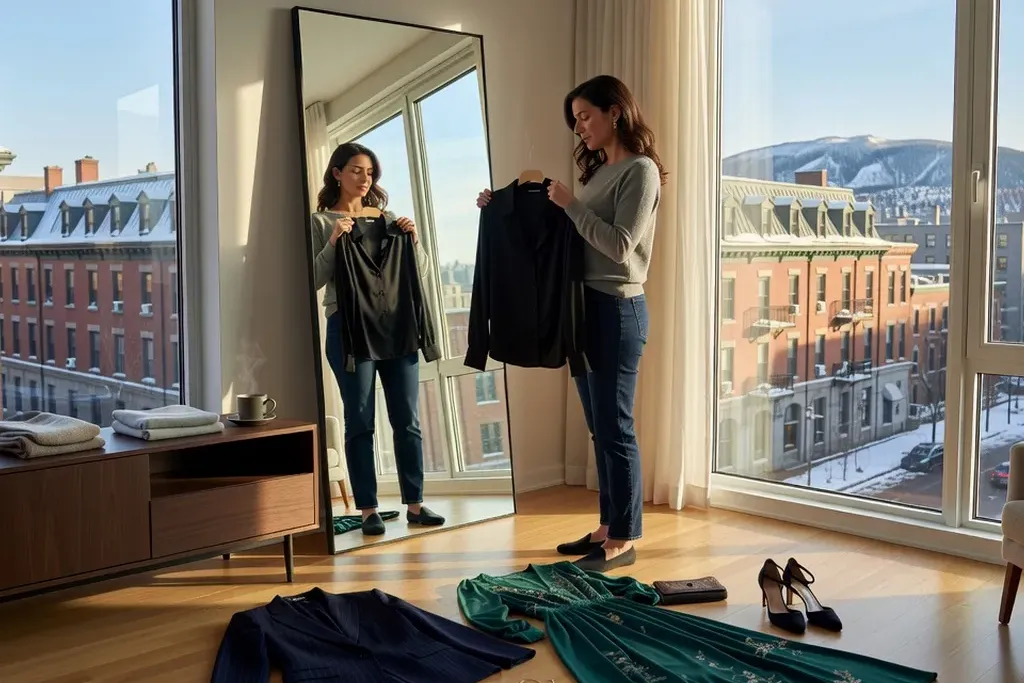 Femme préparant sa tenue pour un premier rendez-vous devant un miroir, appartement moderne