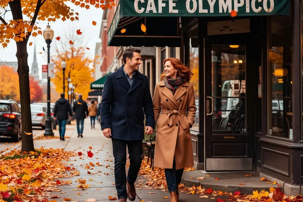 Couple souriant sortant d'un café à Montréal en automne, rue animée