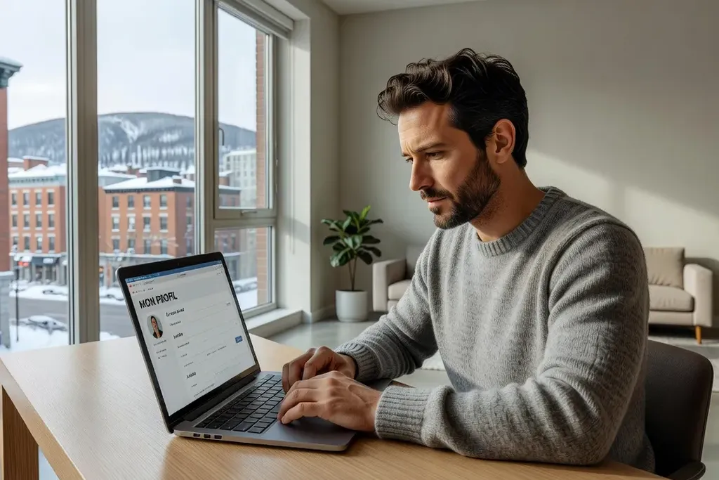 Homme québécois comparant des sites de rencontre sur son ordinateur