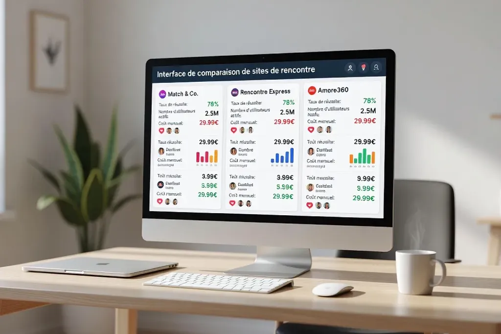 Interface de comparaison de sites de rencontre sur ordinateur