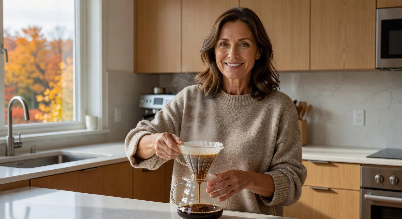 Femme quebecoise 55 ans souriante qui prepare un cafe dans une cuisine moderne