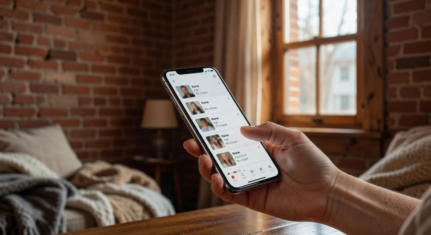 Femme qu&eacute;b&eacute;coise souriante qui consulte un site de rencontre sur son ordinateur portable