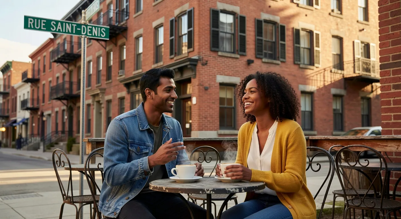 Couple mixte assis a la terrasse d'un cafe sur la rue Saint-Denis a Montreal