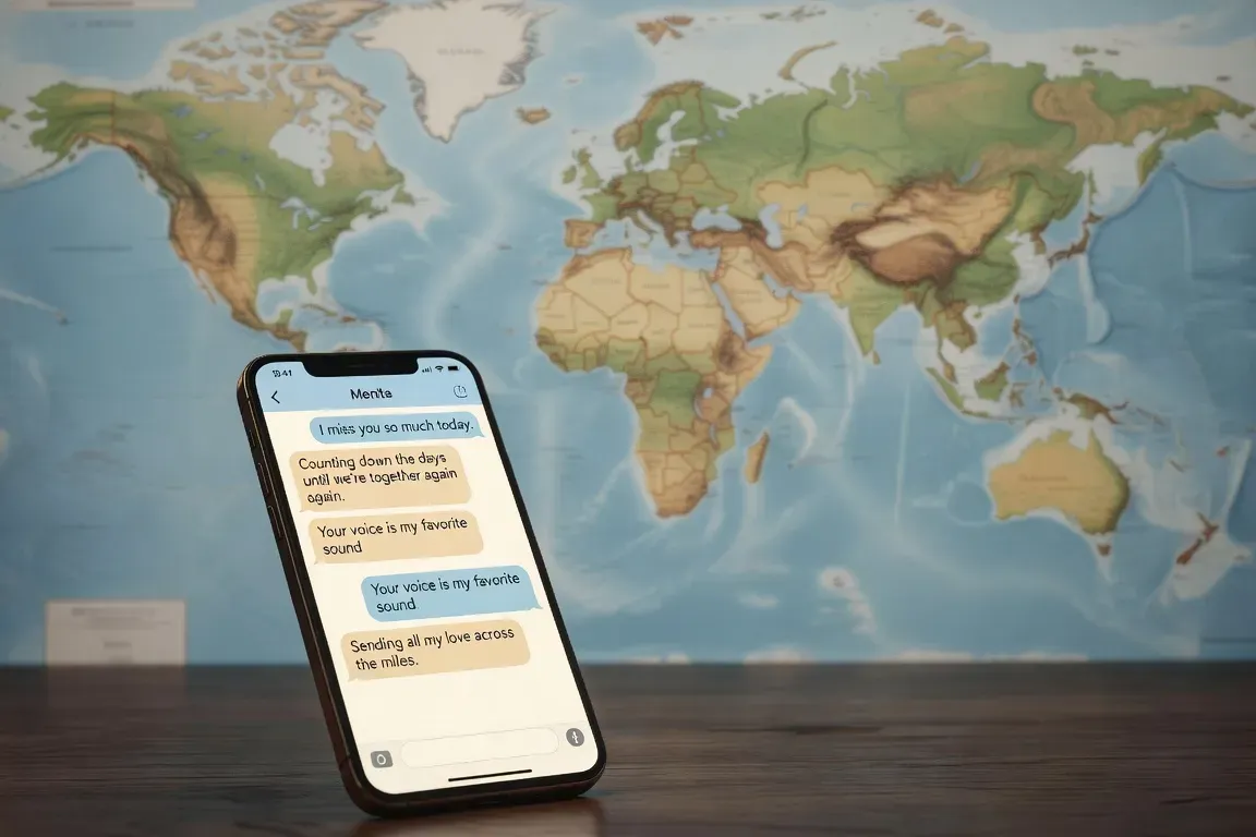 Smartphone avec messages affectueux et carte du monde en fond, relation longue distance