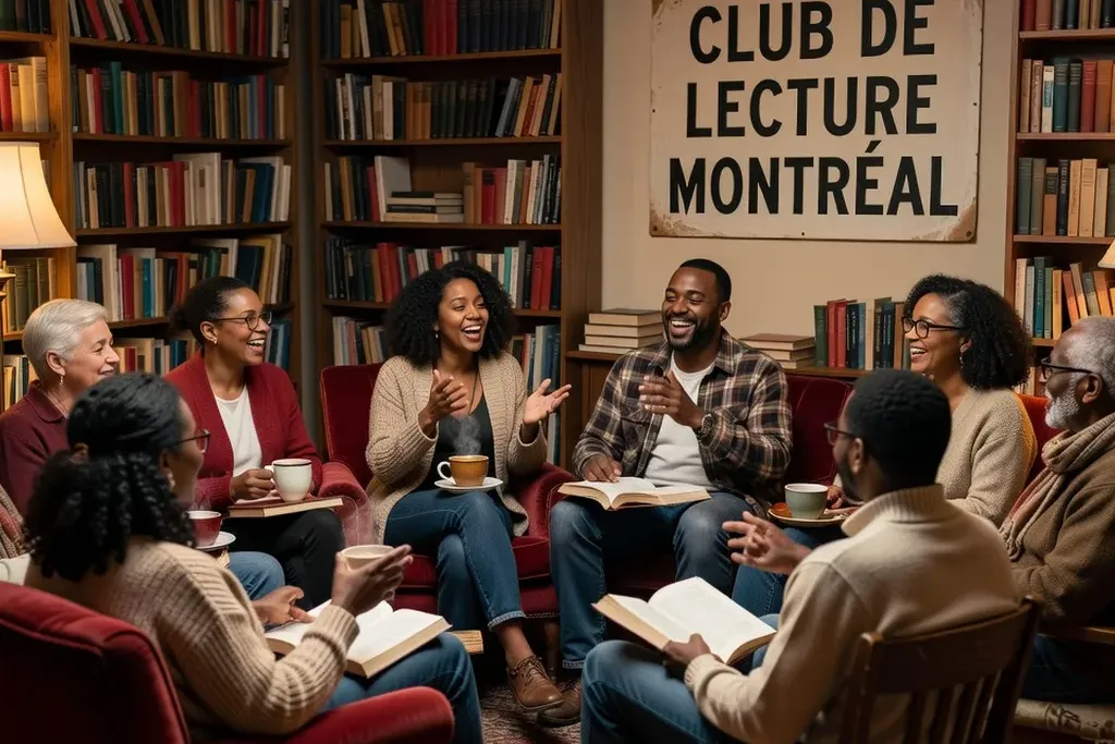 Club de lecture à Montréal, groupe de personnes en cercle chaleureux entouré d'étagères de livres