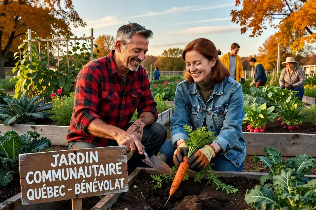 Couple bénévole travaillant ensemble dans un jardin communautaire au Québec, souriant