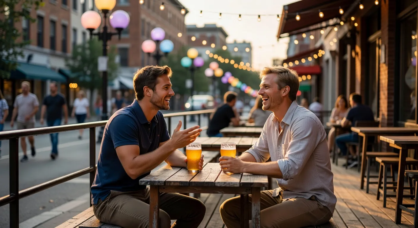 Two men in Montreal discutant sur une terrasse du Village gay