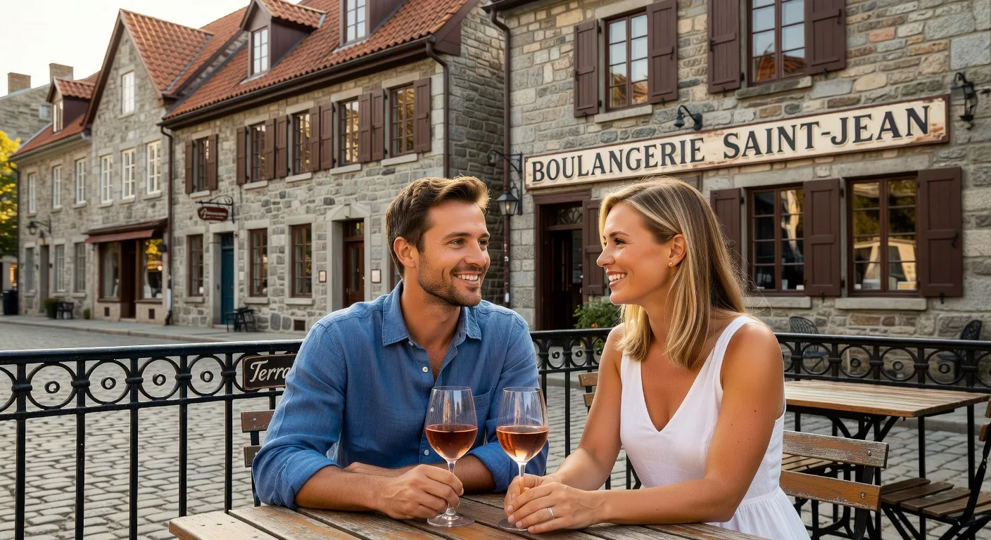 Couple souriant a la terrasse d'un restaurant sur la rue Saint-Jean a Quebec