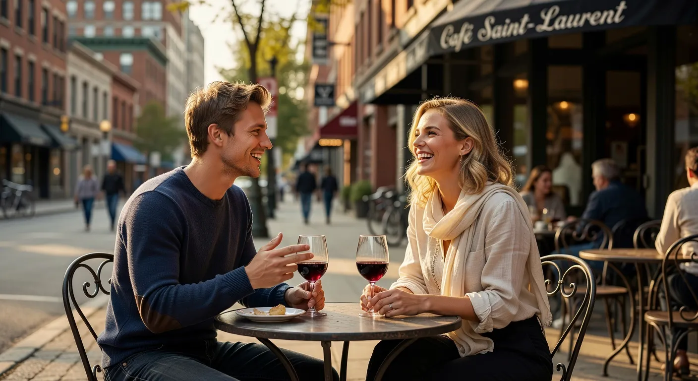 Couple souriant assis a la terrasse d'un cafe sur le boulevard Saint-Laurent a Montreal