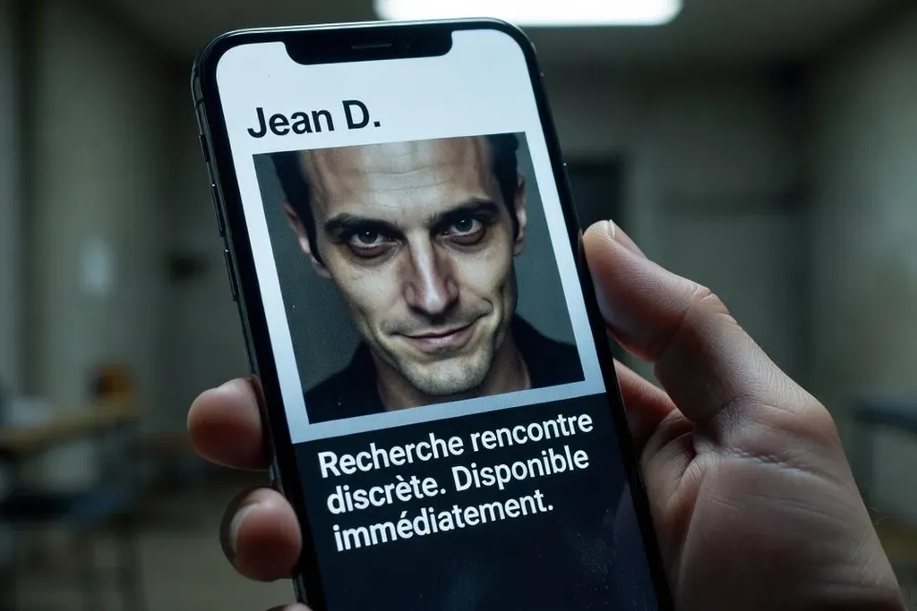Gros plan téléphone affichant un profil de rencontre suspect, arrière-plan flou
