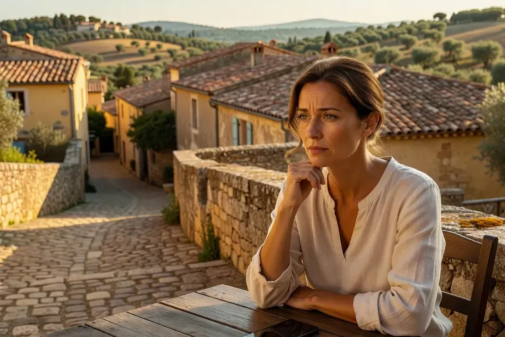 Femme réfléchissant sur une terrasse, téléphone posé, expression pensive et sereine