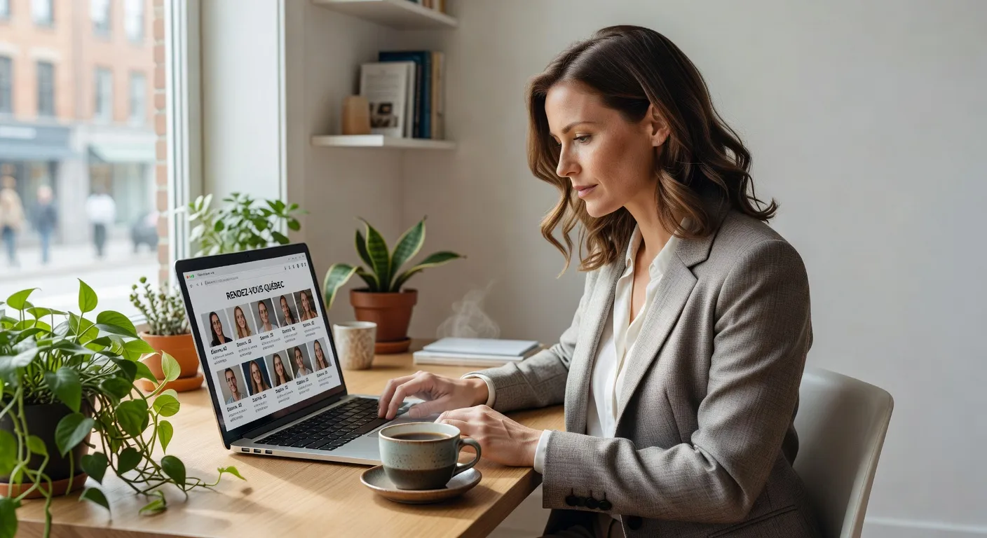 Femme quebecoise concentree qui consulte un site de rencontre sur ordinateur avec cafe