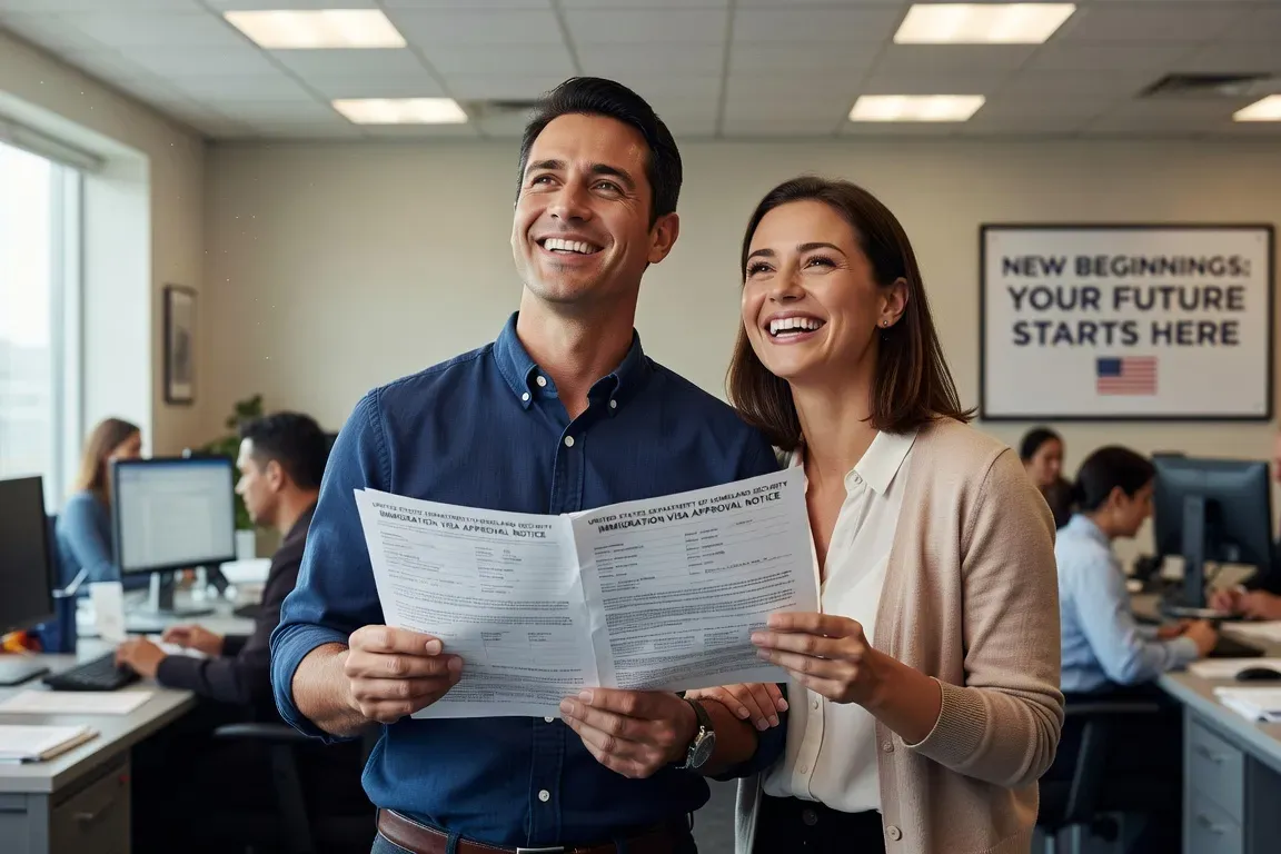 Couple souriant tenant des papiers de visa, bureau officiel d'immigration