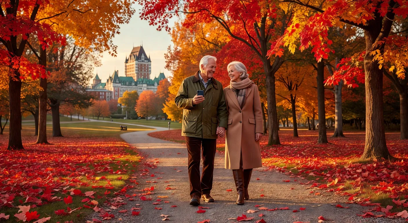 Couple senior heureux dans un parc quebecois en automne tenant un smartphone
