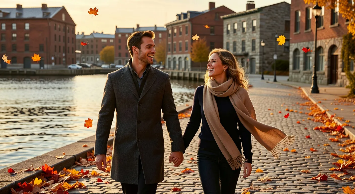 Couple quebecois qui se promene dans le Vieux-Port de Montreal en automne
