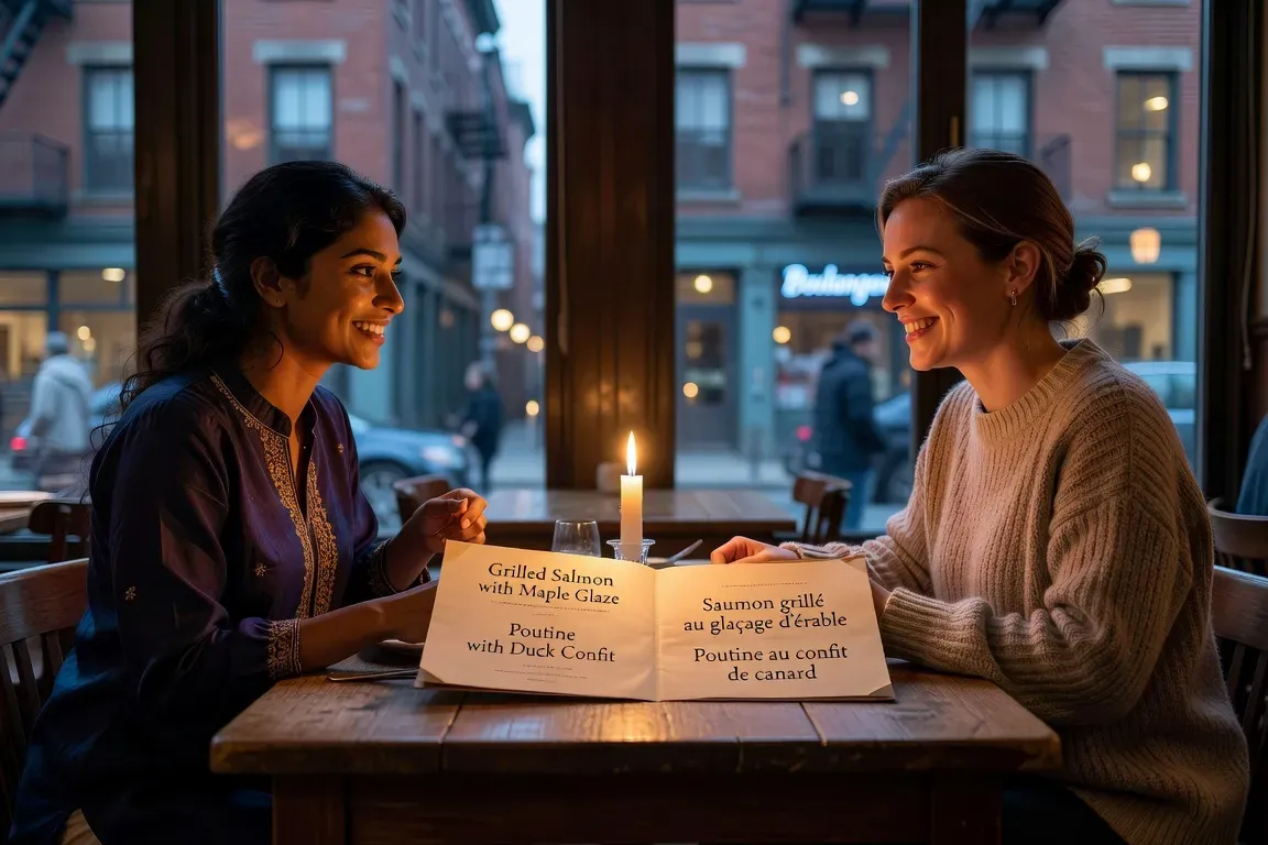 Table de restaurant montréalais avec deux personnes de cultures différentes, menu bilingue