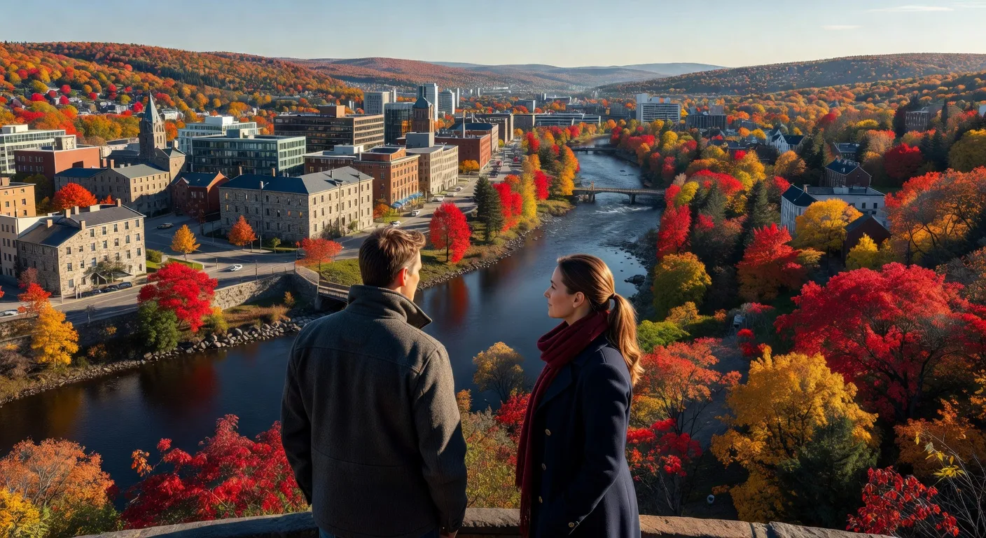 Vue panoramique de Sherbrooke en automne avec un couple en arriere-plan