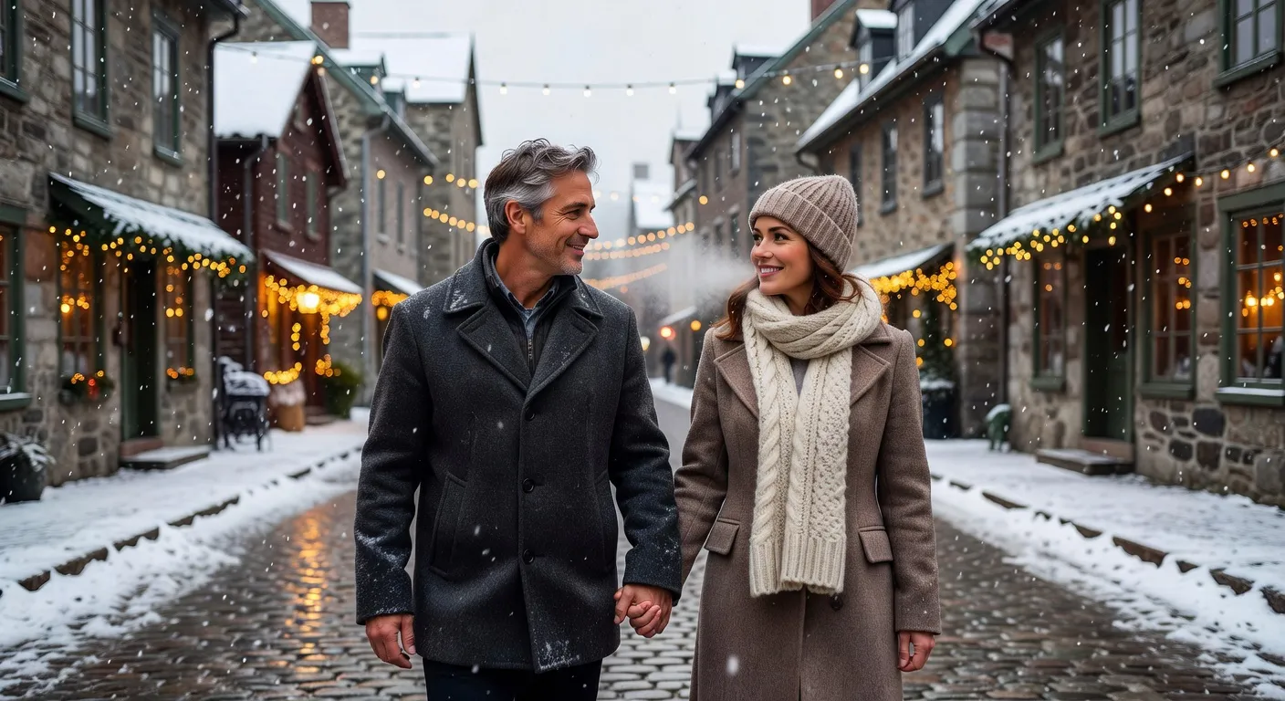 Couple complice qui se promene main dans la main dans le Vieux-Quebec en hiver