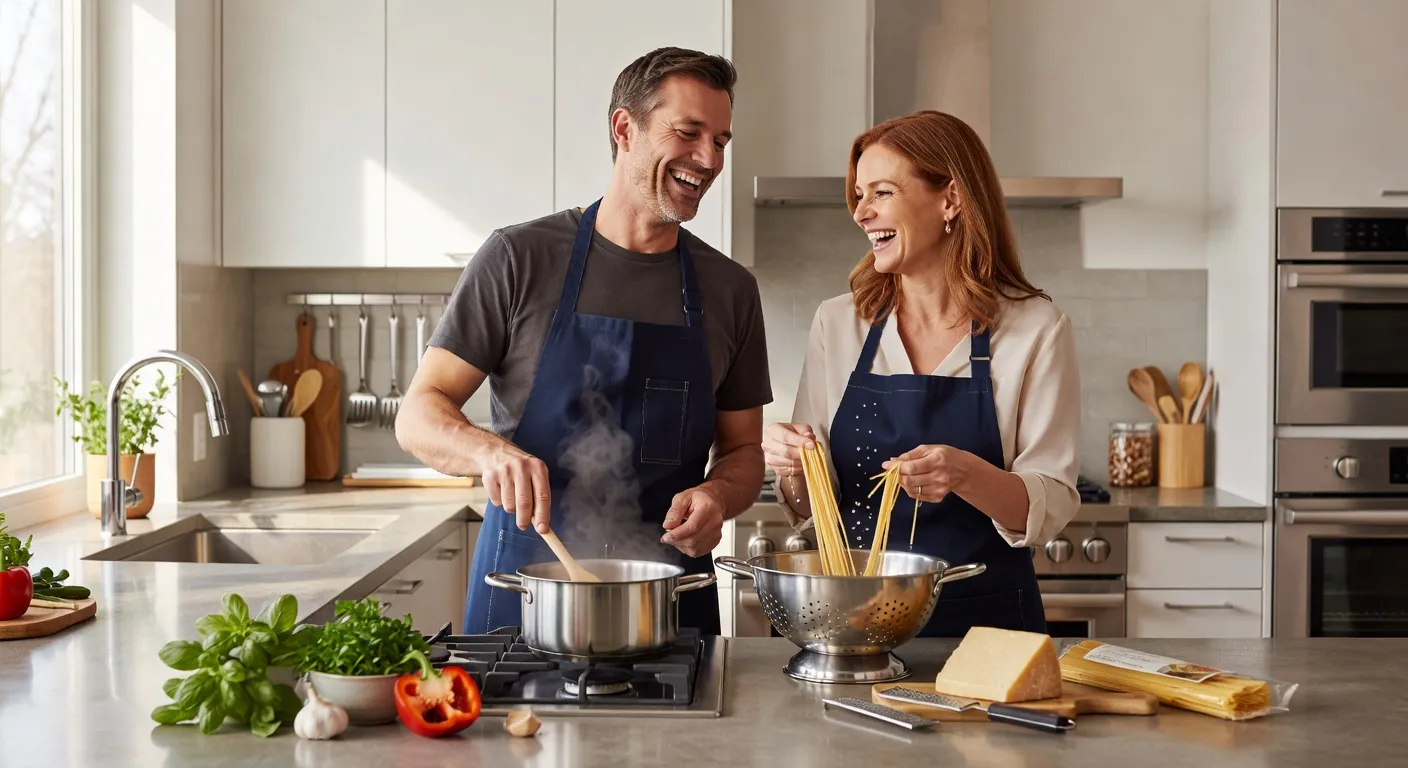 Couple quebecois 40 ans qui cuisine ensemble dans une cuisine moderne lumineuse