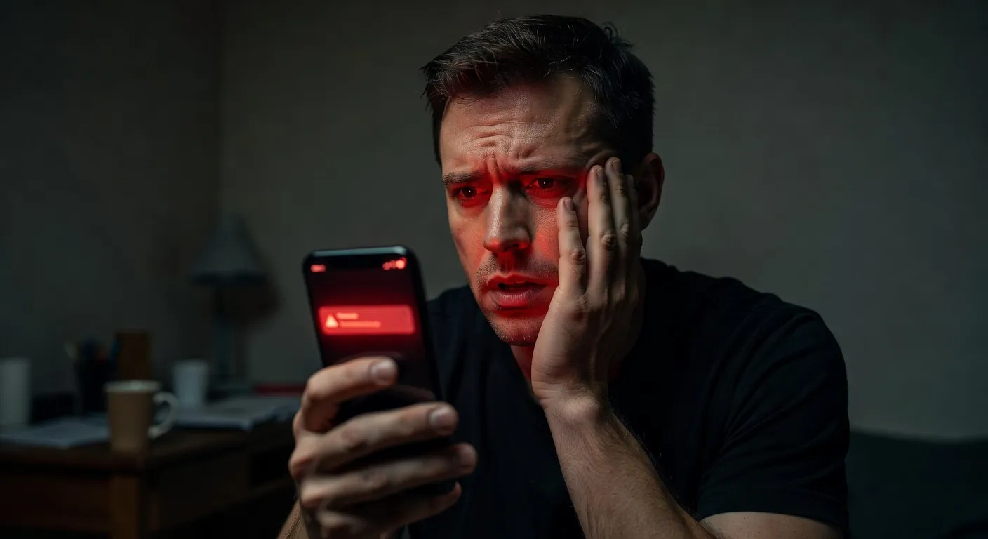 Personne qu&eacute;b&eacute;coise pr&eacute;occup&eacute;e lisant un message sur son &eacute;cran de t&eacute;l&eacute;phone