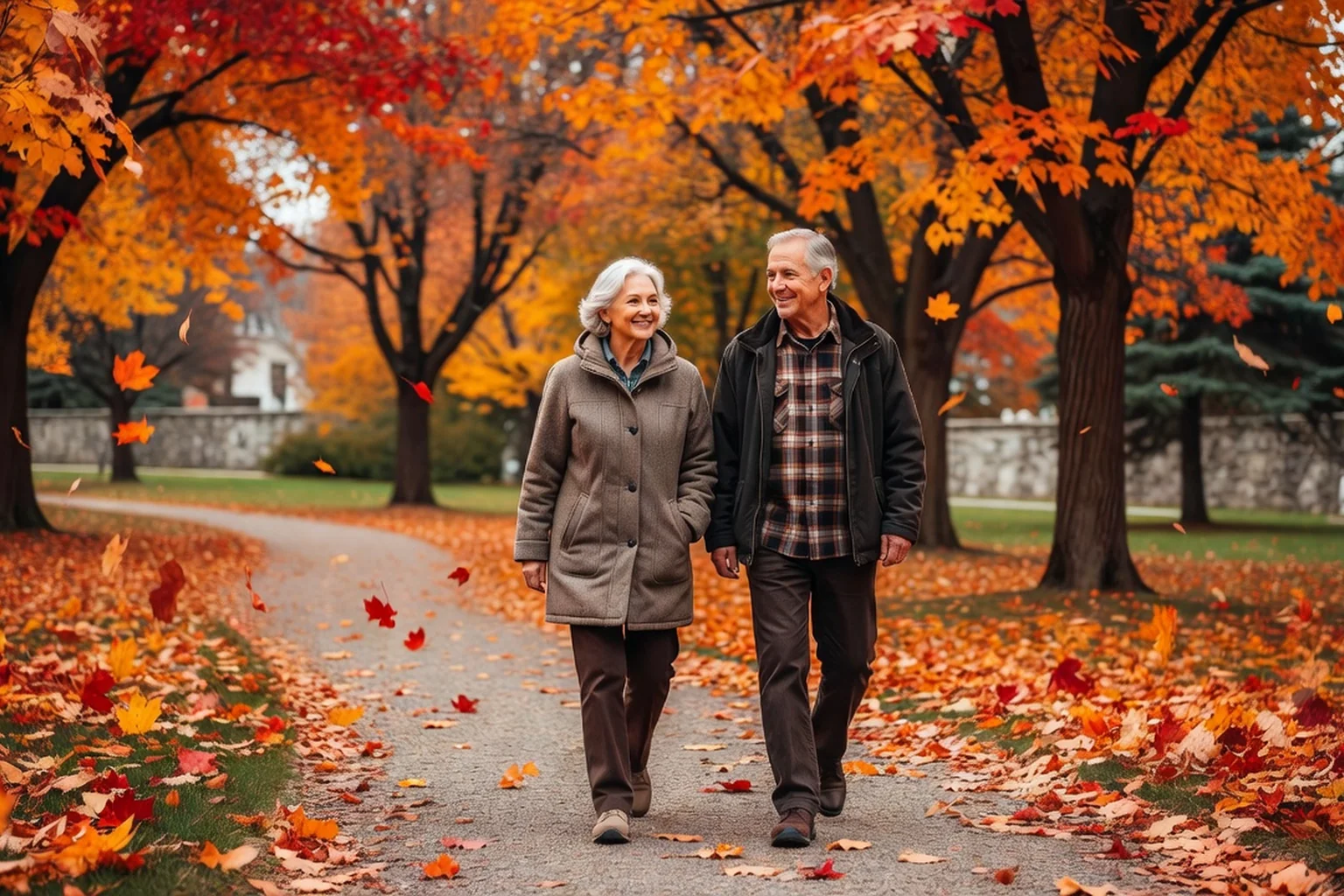 Couple d'adultes d'environ 60 ans marchant dans un parc en automne au Québec