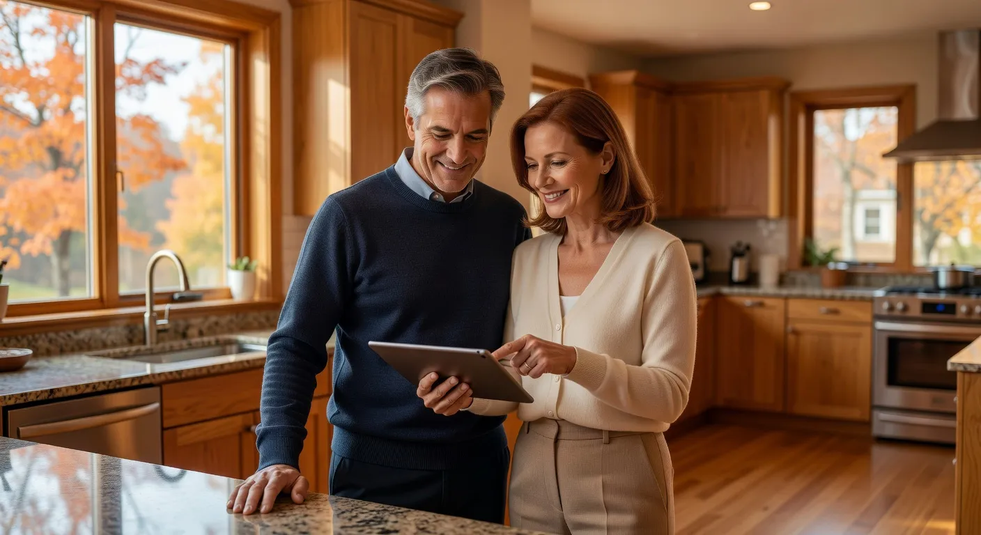 Couple quebecois souriant 50 ans qui consulte Disons Demain sur tablette