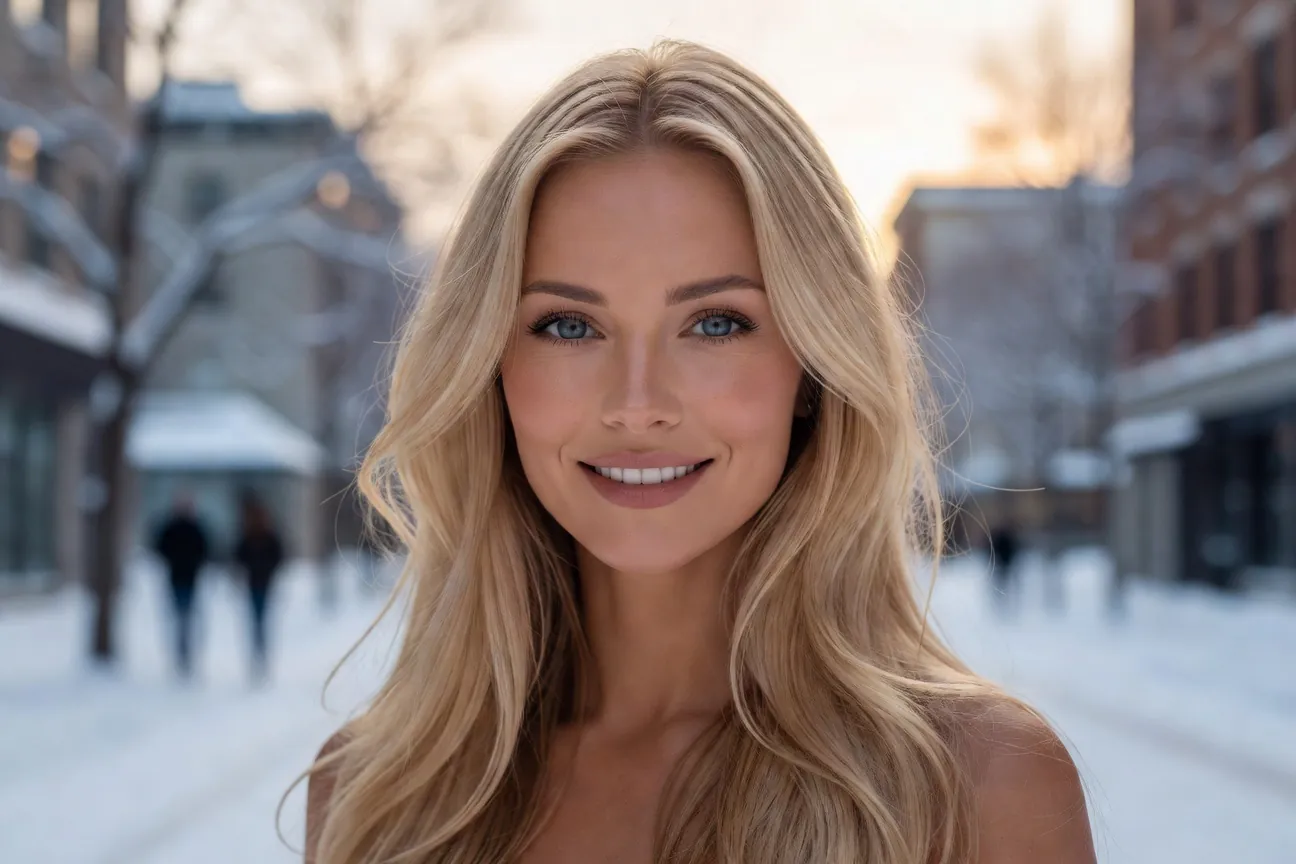 Jeune femme ukrainienne au teint clair et aux cheveux longs marchant dans les rues du Vieux-Qu&eacute;bec en automne