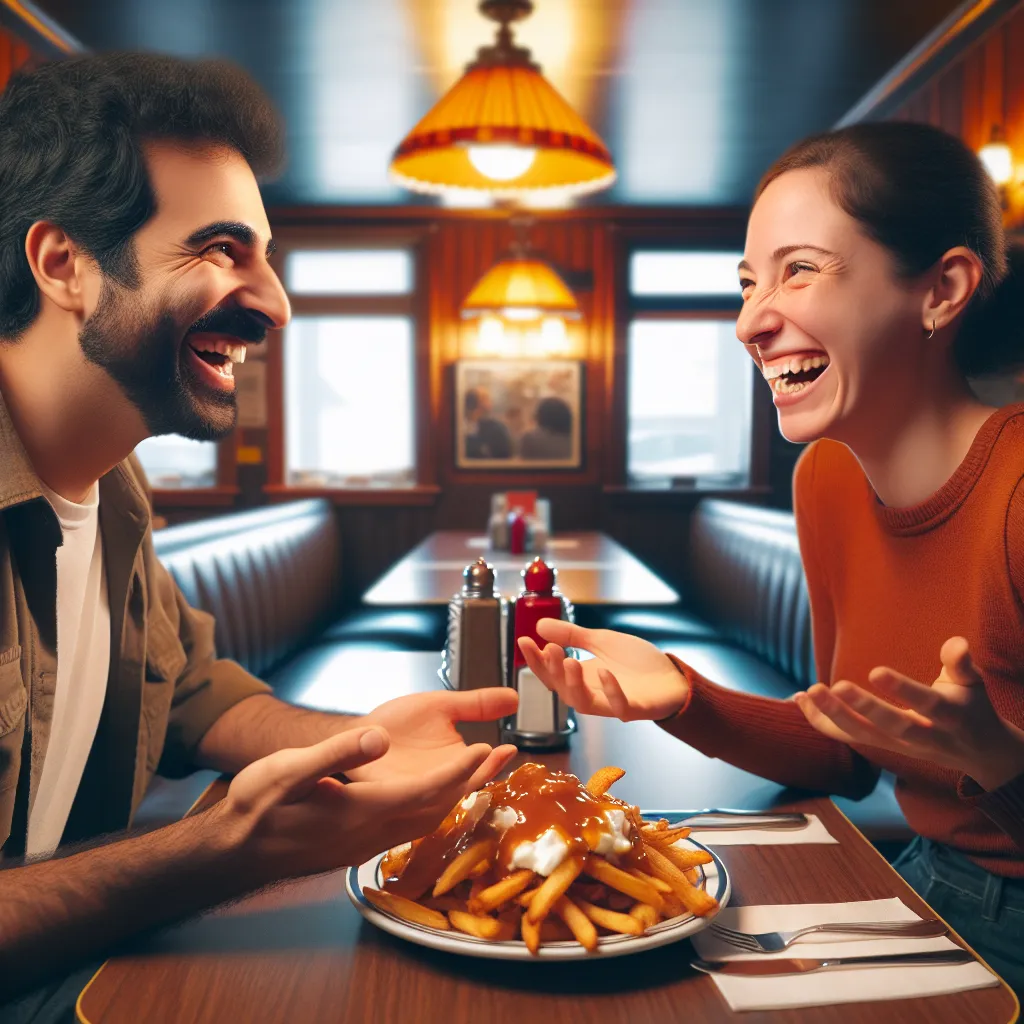 Couple discutant autour d une poutine dans un diner quebecois