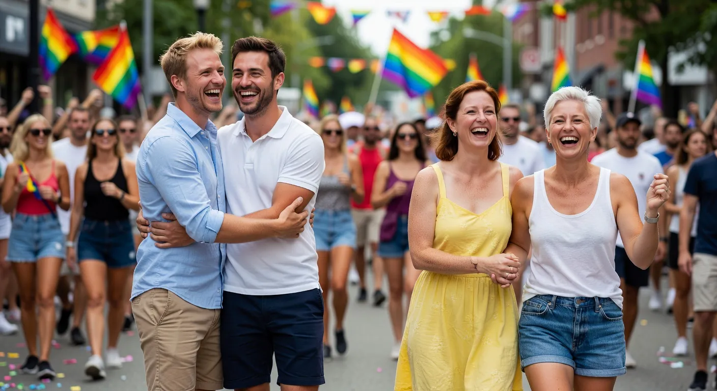 Canadian LGBTQ+ couple tenant un drapeau arc-en-ciel dans le Village de Montr&eacute;al