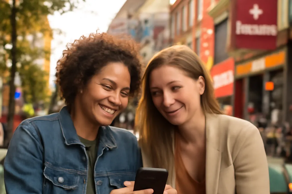 Couple de femmes souriantes consultant une application de rencontre sur un banc à Montréal