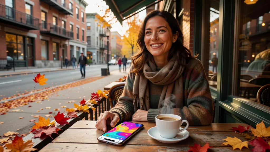 Femme québécoise souriante en terrasse de café montréalais en automne, téléphone affichant une application de rencontre posé près d'une tasse de café