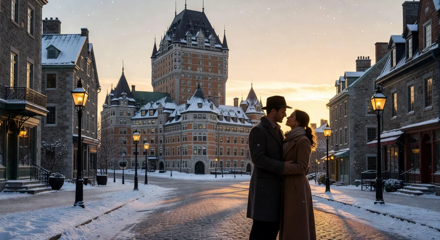 Vue panoramique du Vieux-Quebec sous la neige avec un couple en arriere-plan
