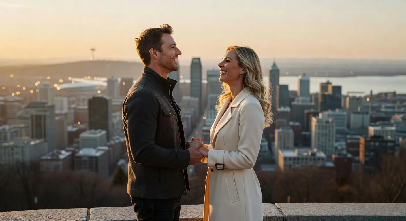 Couple quebecois trentaine main dans la main au coucher du soleil sur le mont Royal