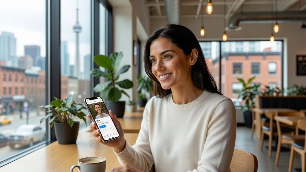Femme souriante consultant une application de rencontre sur son téléphone dans un café lumineux de Toronto