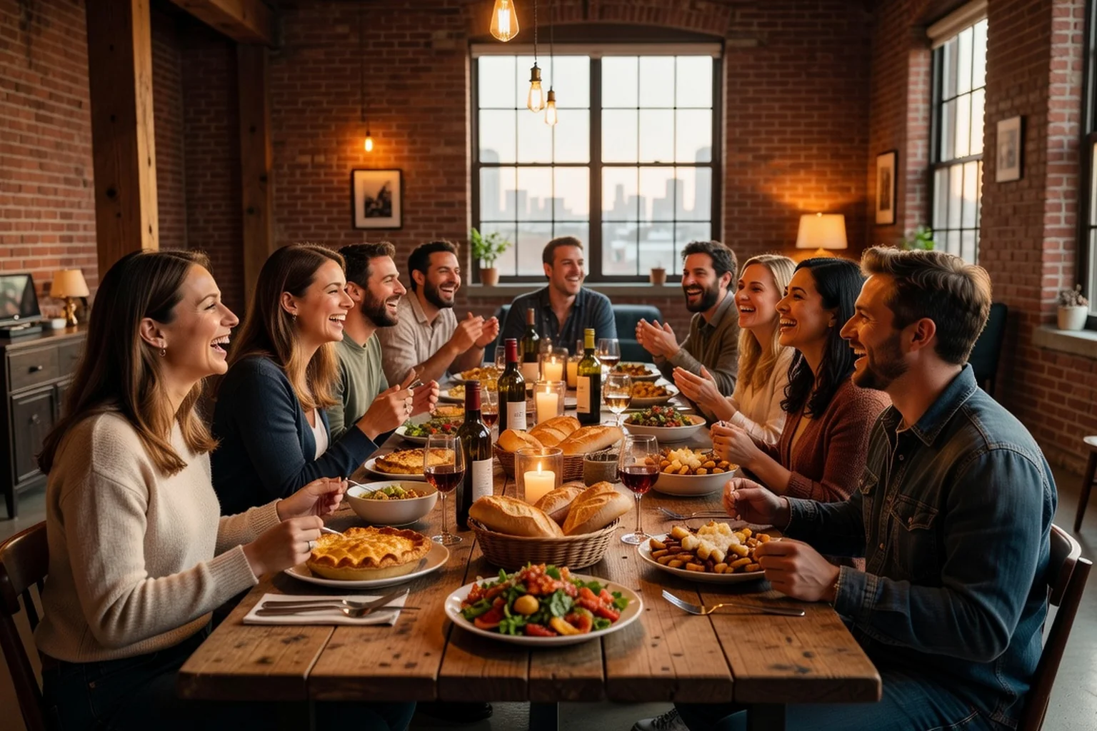 Groupe d'adultes souriants autour d'une table de souper entre célibataires dans un loft montréalais