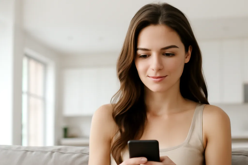 Femme québécoise tapant sa bio de profil de rencontre sur son téléphone, sourire concentré, dans un appartement lumineux au Québec