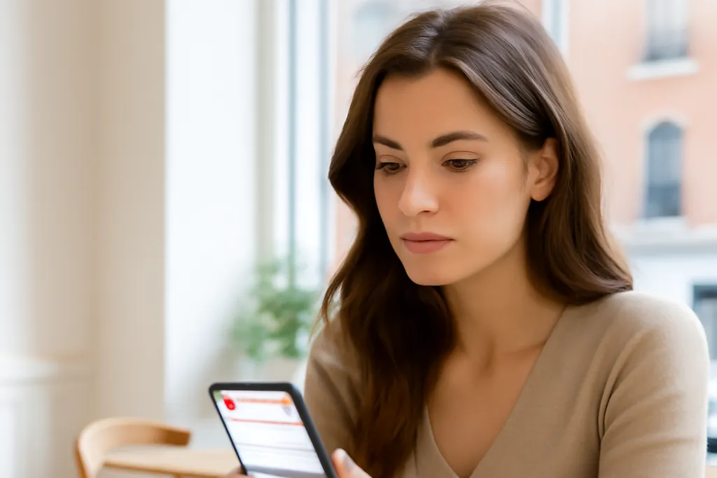 Femme québécoise vérifiant les tarifs d'une application de rencontre sur son téléphone, assise dans un café lumineux de Montréal