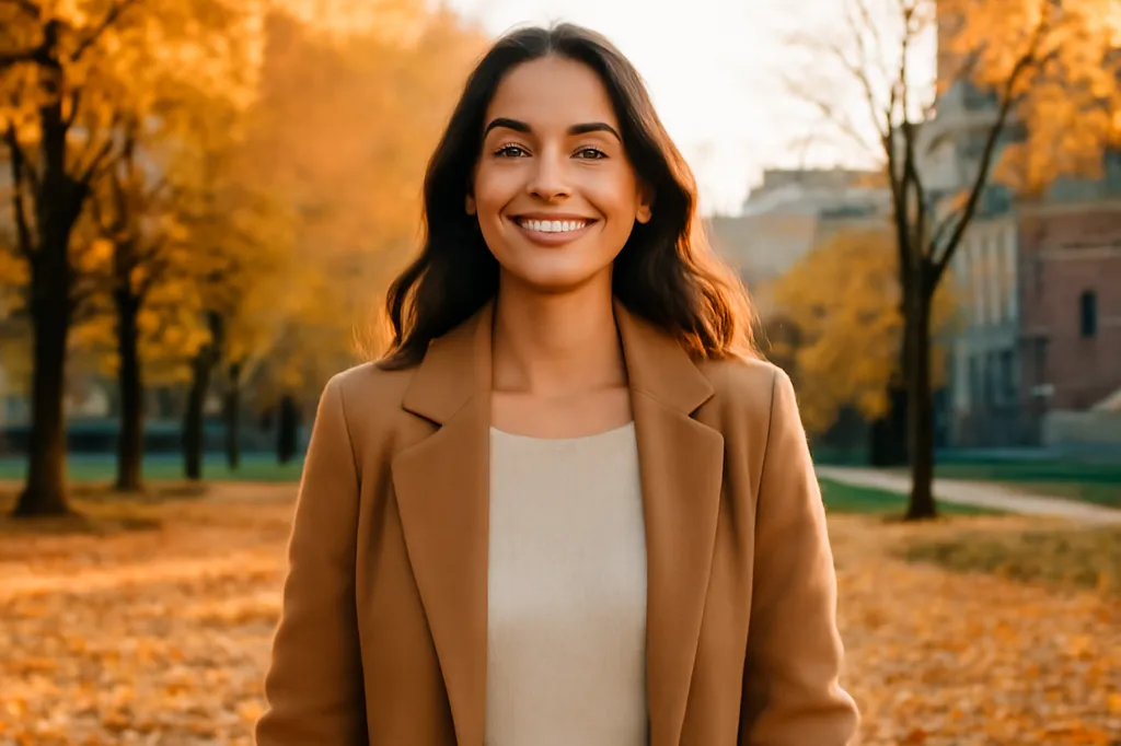 Femme québécoise souriante marchant dans un parc de Montréal en automne pour un rendez-vous économique, feuilles colorées autour d'elle