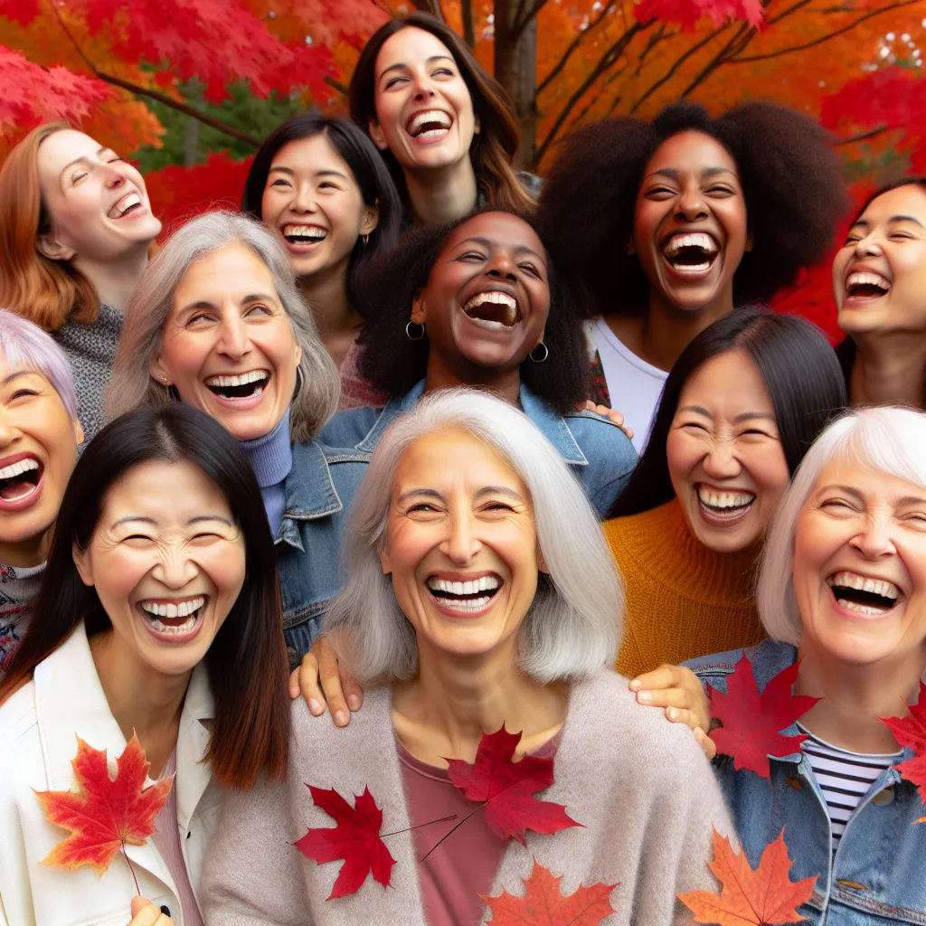 Groupe de femmes canadiennes diversifiees riant ensemble en automne