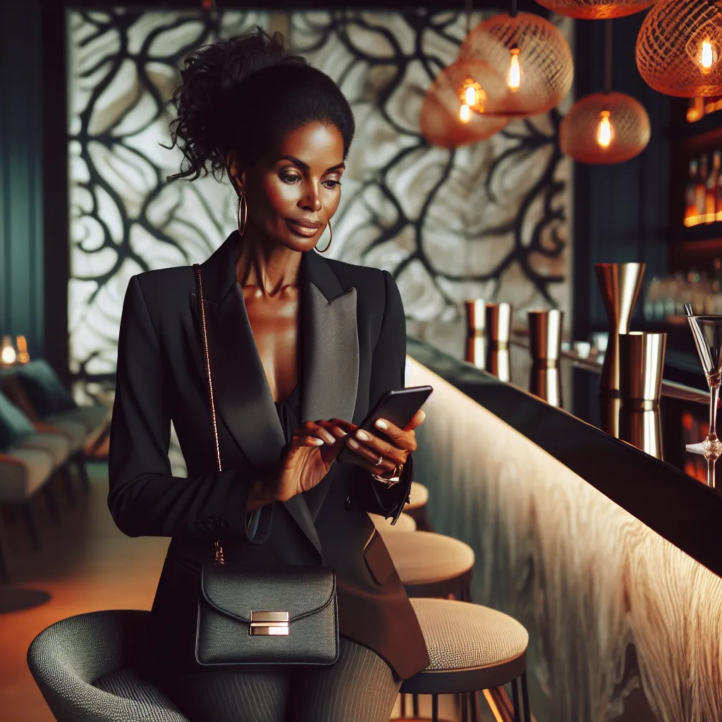 Femme mature élégante utilisant une application de rencontre dans un bar chic