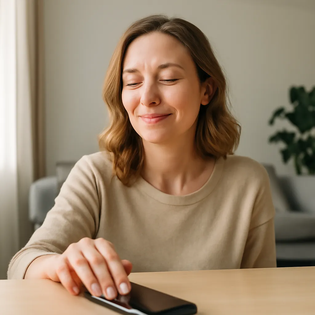 Femme québécoise souriante posant délibérément son téléphone sur la table pour prendre une pause des applications de rencontre